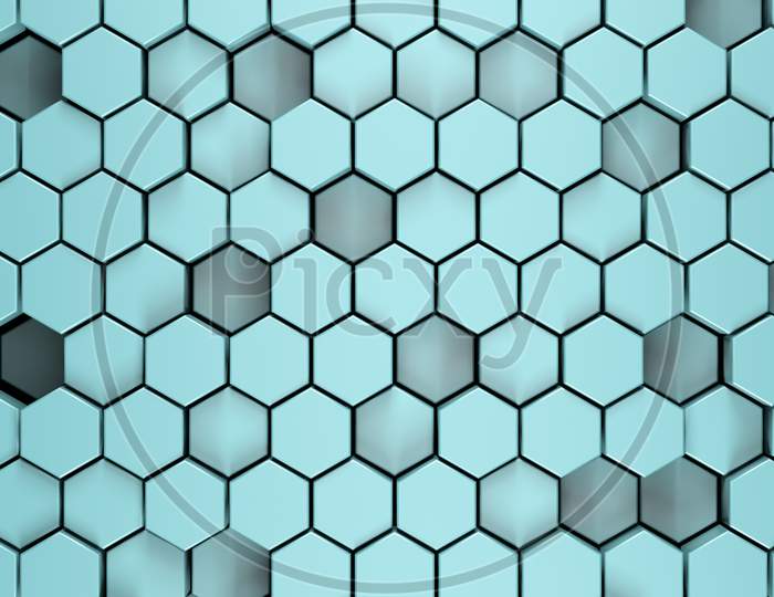 Steel Polished Black Metallic Hexagonal Abstract 3D Background, Cyan Matt Wall With Hexagonal Pattern 3D Rendering. Vertical Portrait Orientation