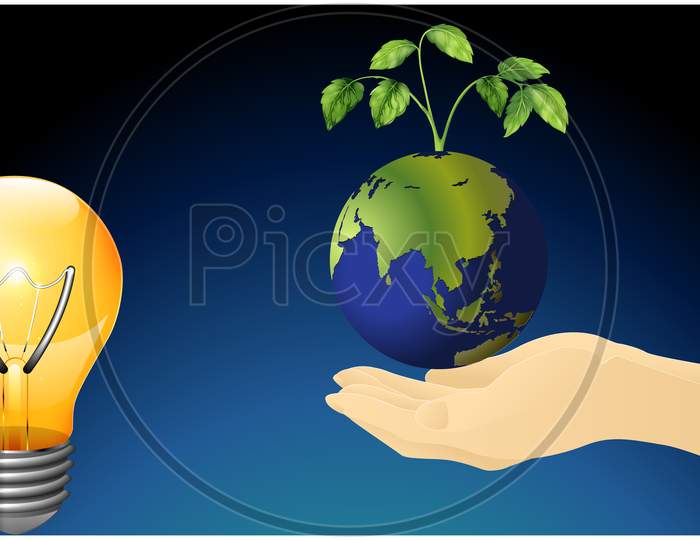 Hands Carrying Earth And Tree With Light Bulb Technology