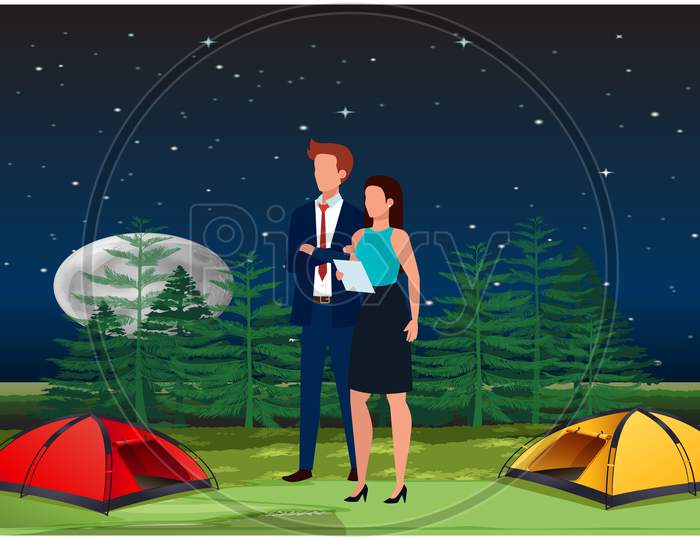 Couple Enjoying Picnic In The Forest Night