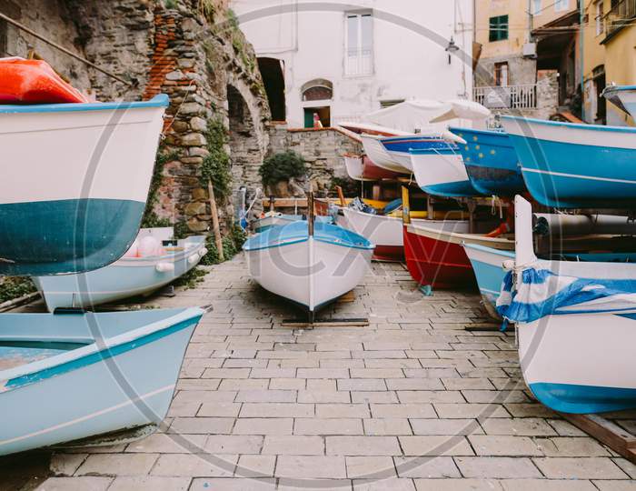 Wooden Boats Parking Harbour In Cinque Terre