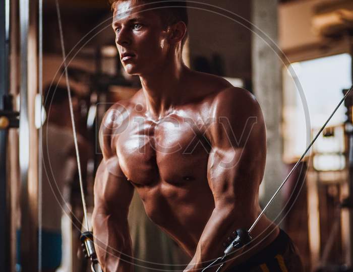 Muscular Bodybuilder Guy Workout In Gym
