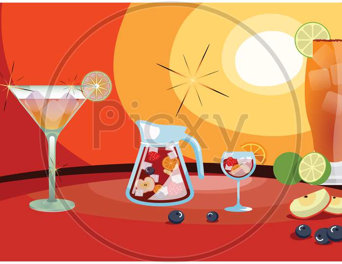 Different Types Of Drinks With Full Of Fruits And Lemon On Sun View Background