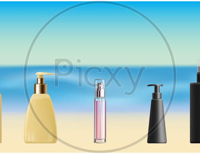 Mock Up Illustration Of Couple Cosmetics On Abstract Background
