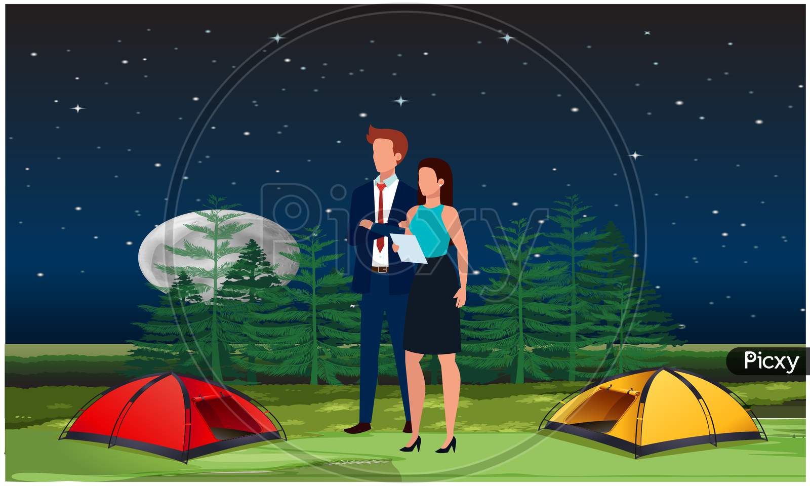 Couple Enjoying Picnic In The Forest Night