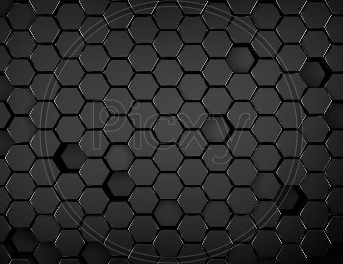 Black Metallic Hexagonal Abstract 3D Background, Black Wall With Hexagonal Pattern 3D Rendering