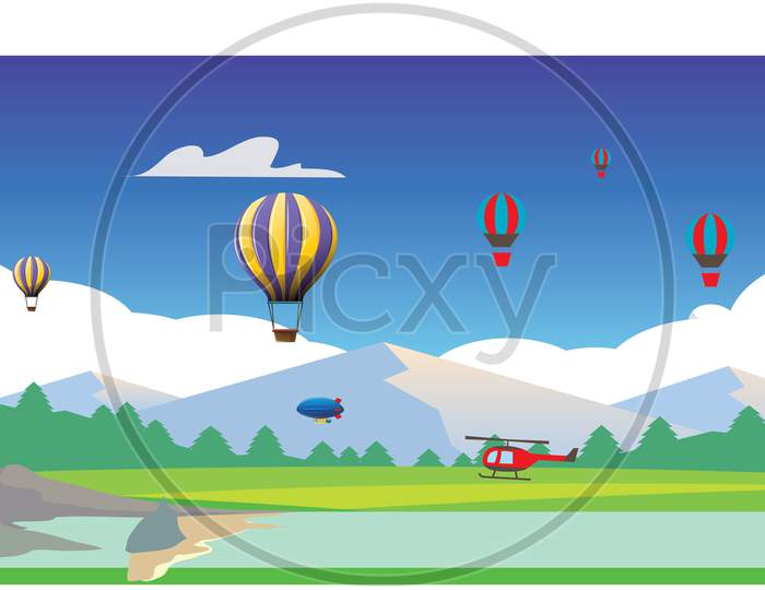 Hot Air Balloon Flying On Picnic Spot