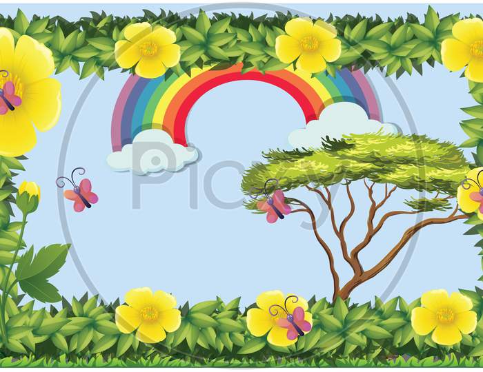 Flower Frame Of Rainbow View With Butterflies