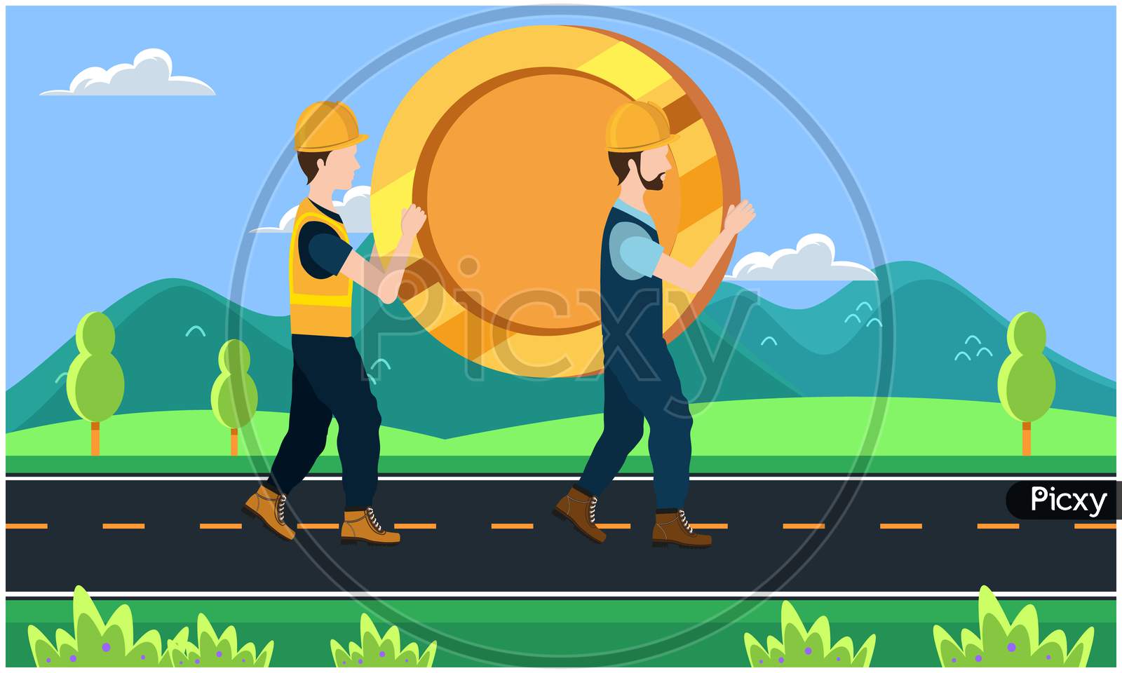 Builder Carrying A Big Coin On The Road