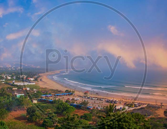 Panorama of Rushikonda beach, Vizag / Visakhapatnam, Andra Pradesh, India.