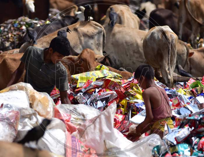 Rag pickers Search For Recyclable Materials at A Garbage Dump Near Deepor Beel Wildlife Sanctuary On The Outskirts Of Guwahati On June 4, 2020.