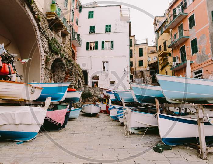 Wooden Boats Parking Harbour In Cinque Terre