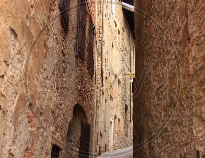 Empty Narrow Medieval Street In Bergamo, Italy