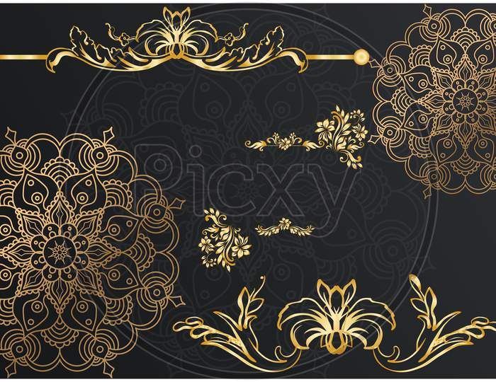 Digital Textile Design Of Gold Art With Leaves