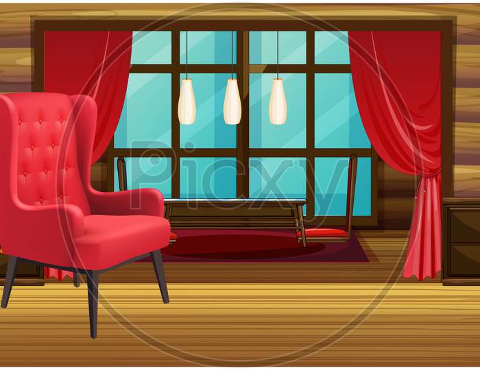 Mock Up Illustration Of Big Red Chair In A Wooden Living Room