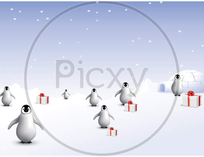 Several Penguins Are In Snow With Gifts