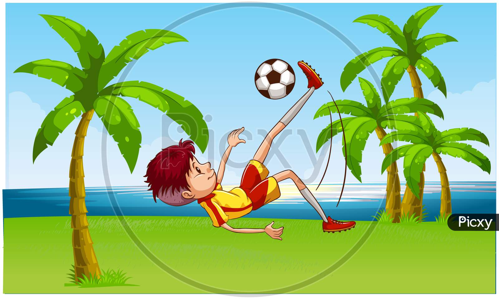 Boy Playing Football On Beach Garden