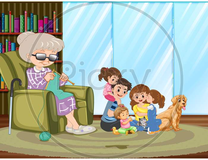 Family Spend Time With Their Grandmother At Home