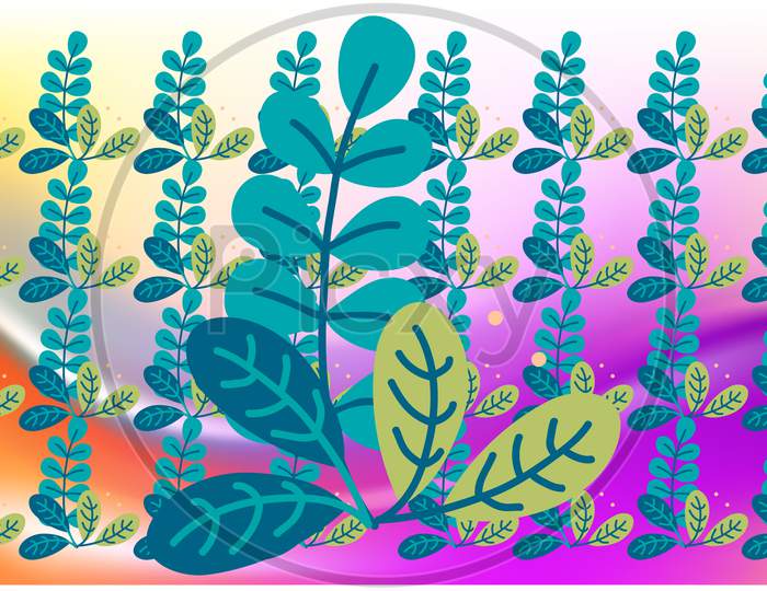 Digital Textile Design Of Various Leaves On Abstract Background