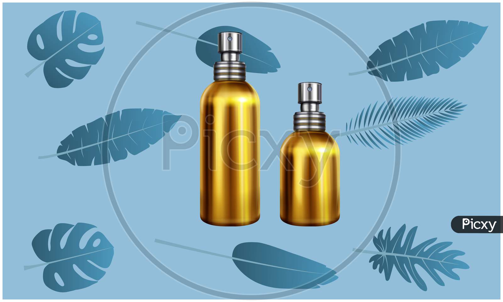 Mock Up Illustration Of Different Size Of Perfume On Abstract Leaves Background