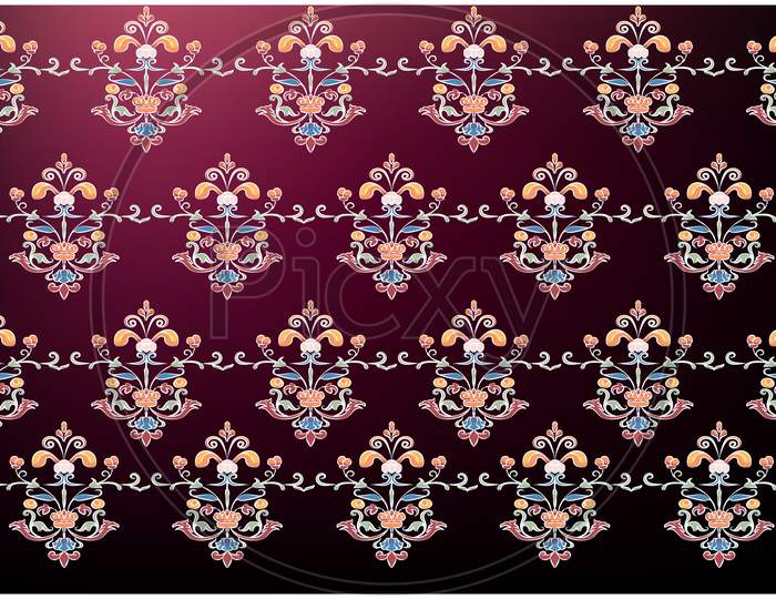 Digital Textile Design Of Flowers And Leaves Art