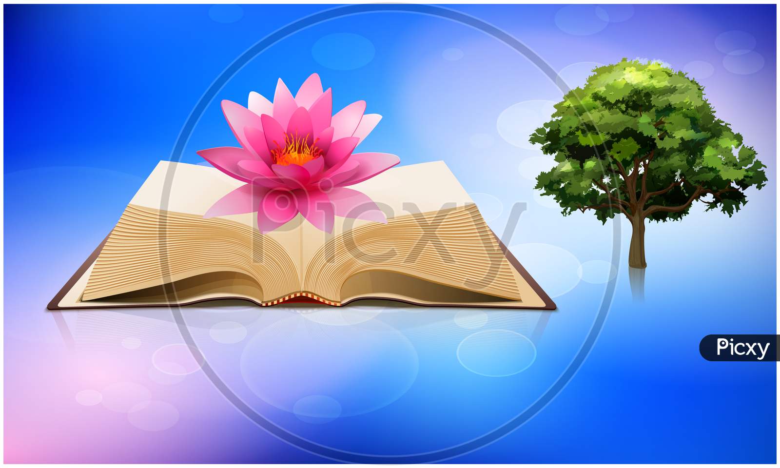 Old Religion Book Contains Lotus Flower And Tree On Abstract Sky Background