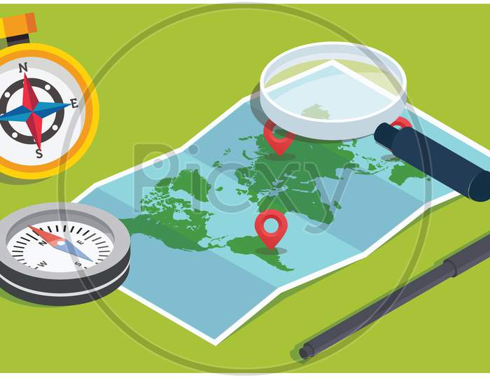 Magnify Glass, Compass To Find A World Map