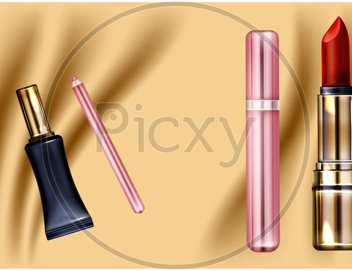 Mock Up Illustration Of Female Eyeliner And Lip Care On Abstract Background