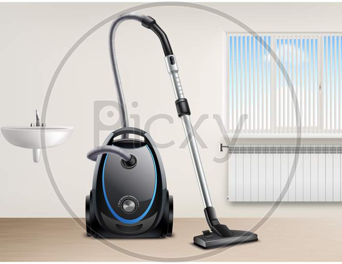 Mock Up Illustration Of Vacuum Cleaner In Washroom View