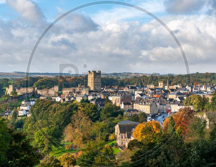 View Of Richmond Castle, North Yorkshire With The Town In The Foreground And Autumn Colors