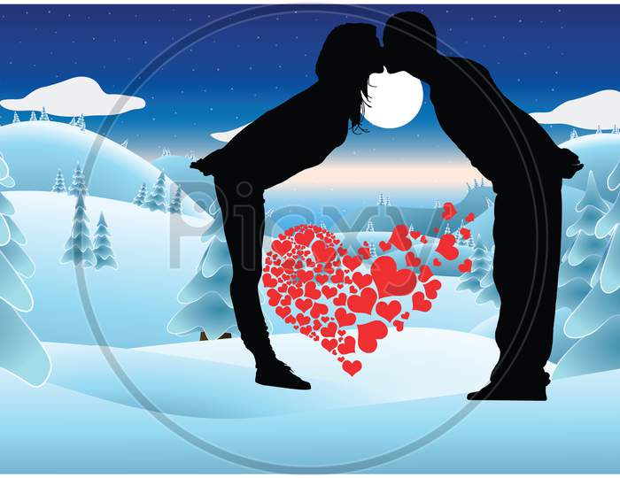 Couple Kissing In Snow Lovely Hearts