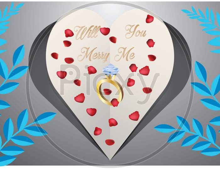 Paper Cut Heart On Abstract Floral Background With Ring And Rose Petals