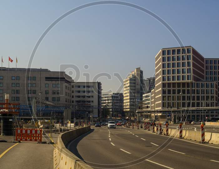 Stuttgart,Germany - March 23,2019:Main Station This The Main Street B27.On The Left Side Is The Old And Expensive Graf Zeppelin Hotel,On The Right Side Is A Modern Business Building,Which Is In Kriegsbergstrasse.