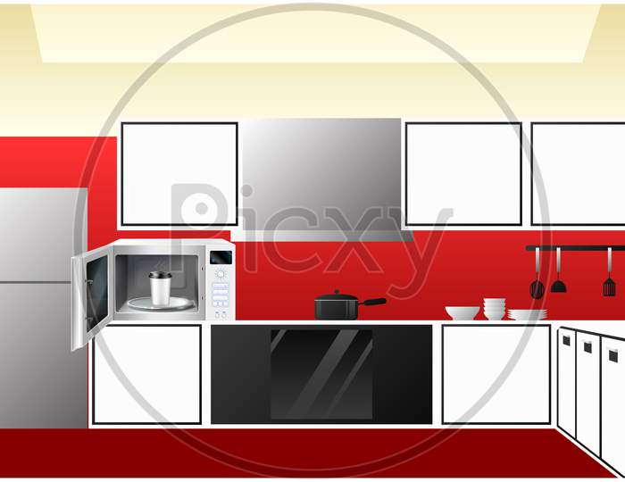 Illustration Of Kitchen View With Microwave Oven And Hot Cup Coffee