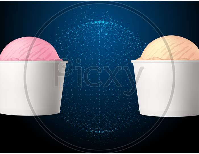Mock Up Illustration Of Ice Cream Cup In Different Flavors On Abstract Blue Background