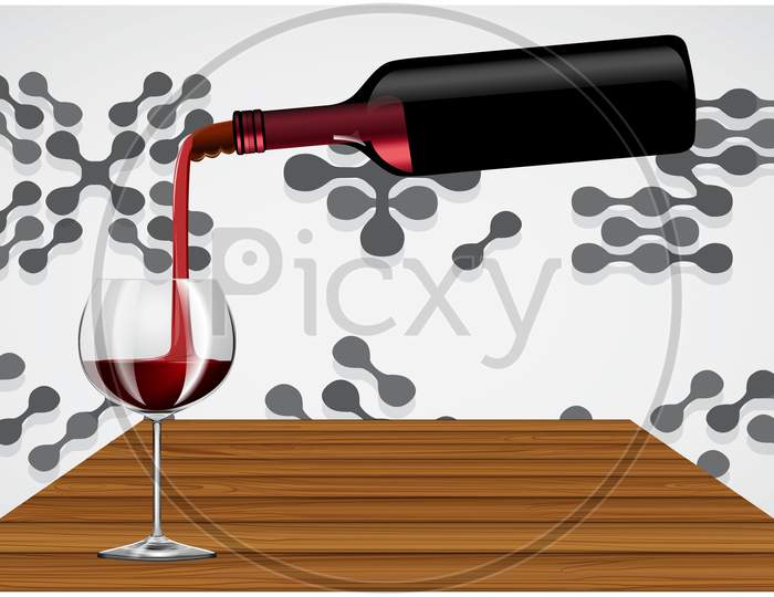 Wine Bottle And Glass At Table On Abstract Background