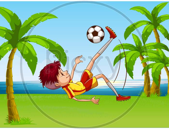 Boy Playing Football On Beach Garden