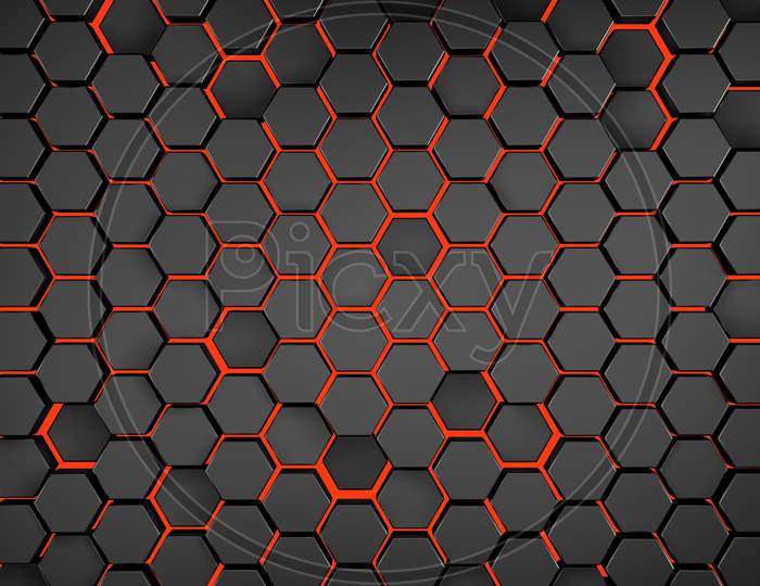 Hexagonal Abstract 3D Background, Black Wall With Hexagonal Pattern With Red Neon Light In Background 3D Rendering