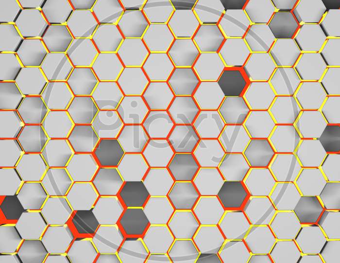 Hexagonal Abstract 3D Background, White Wall With Hexagonal Pattern And Red Lining 3D Rendering