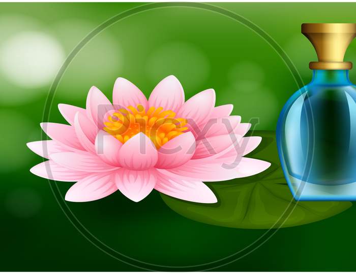 Mock Up Illustration Of Female Perfume From Lotus Flower Extract On Abstract Background