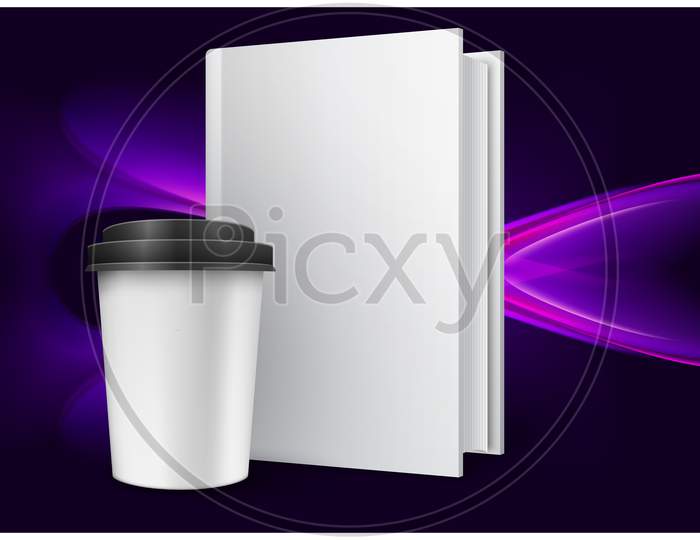 Mock Up Illustration Of Hot Drink Mug And Notebook On Abstract Background