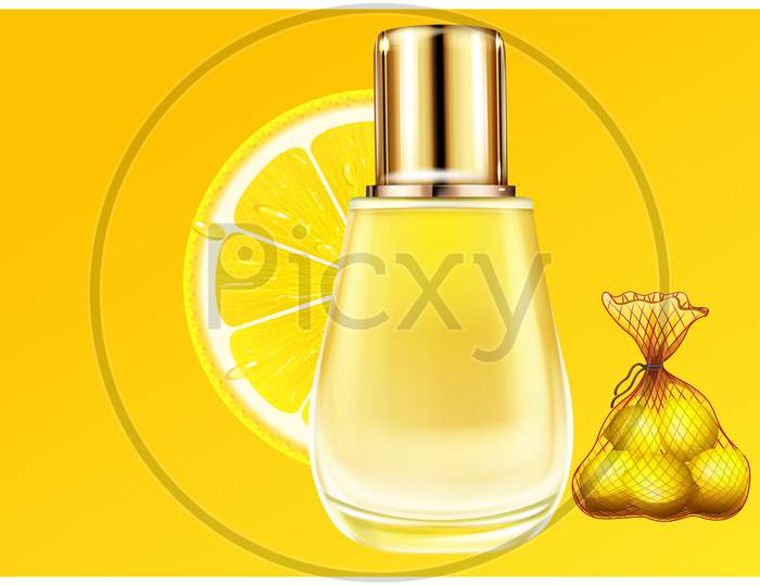 Mock Up Illustration Of Small Glass Bottle Perfume Made Up Of Lemon Extracts