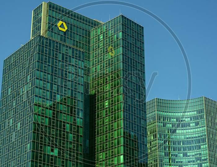 Frankfurt,Germany - May 16,2020:Grosse Gallusstrasse This Is The Big,Modern Commerzbank Tower, A Business Building From The Bank With The Same Name.