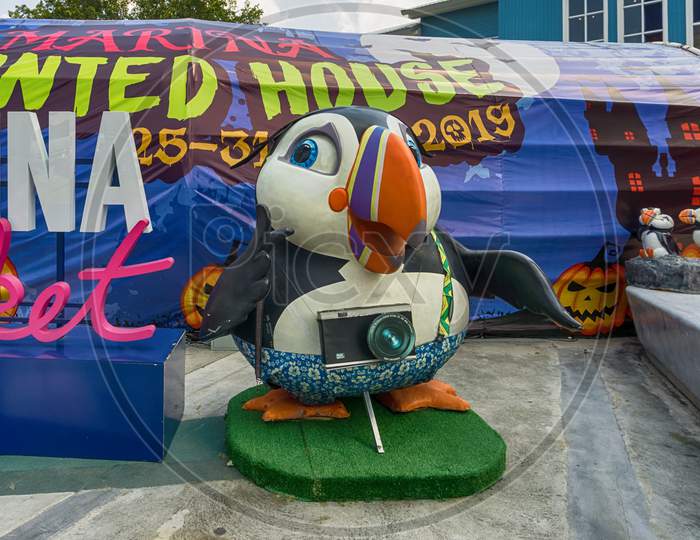 Pattaya,Thailand - October 21,2019:Second Road This Is A Colorful Mixture Between A Halloween Decoration And Advertisement In Front Of The Shopping Mall Centralmmarina.