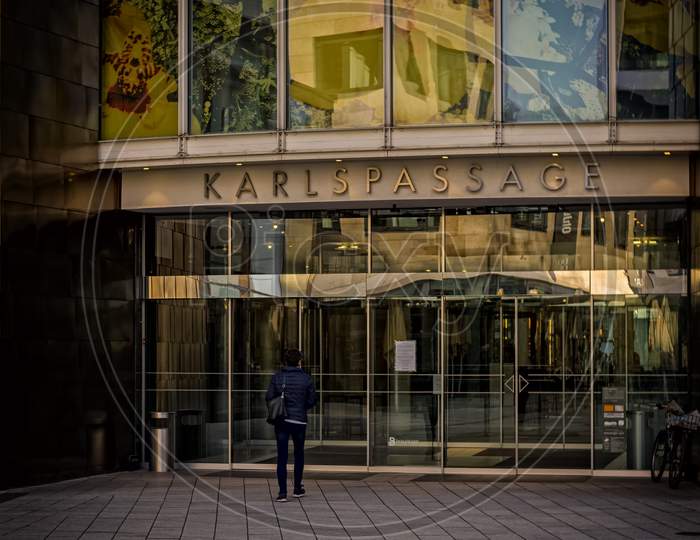 Stuttgart,Germany - March 27,2020:Karlstrasse This Is The Entrance Of The Old,Glamourous Karlspassage.At The Time Of The Corona Crisis Only Two People At Once Were Allowed To Go In.