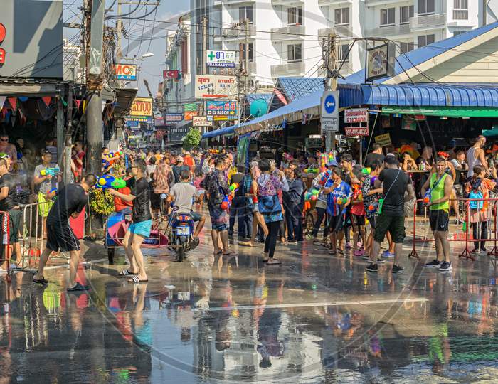 Pattaya,Thailand - April 13,2018: Beach Road People Celebrated Songkran On The Street,Wich Was Partly Closed For Traffic.Songkran Is The New Years Eve Of The Country.