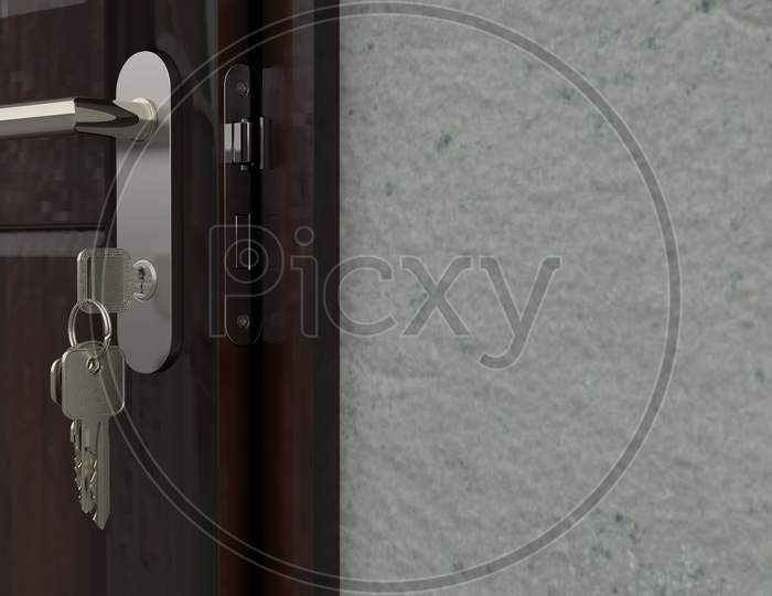 3D Render Of A Wooden Door Lock With Keys Attached In The Keyhole