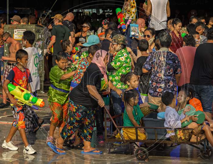 Pattaya,Thailand - April 15,2018: Beach Road People Celebrated Songkran On The Street,Wich Was Partly Closed For Traffic.Songkran Is The New Years Eve Of The Country.