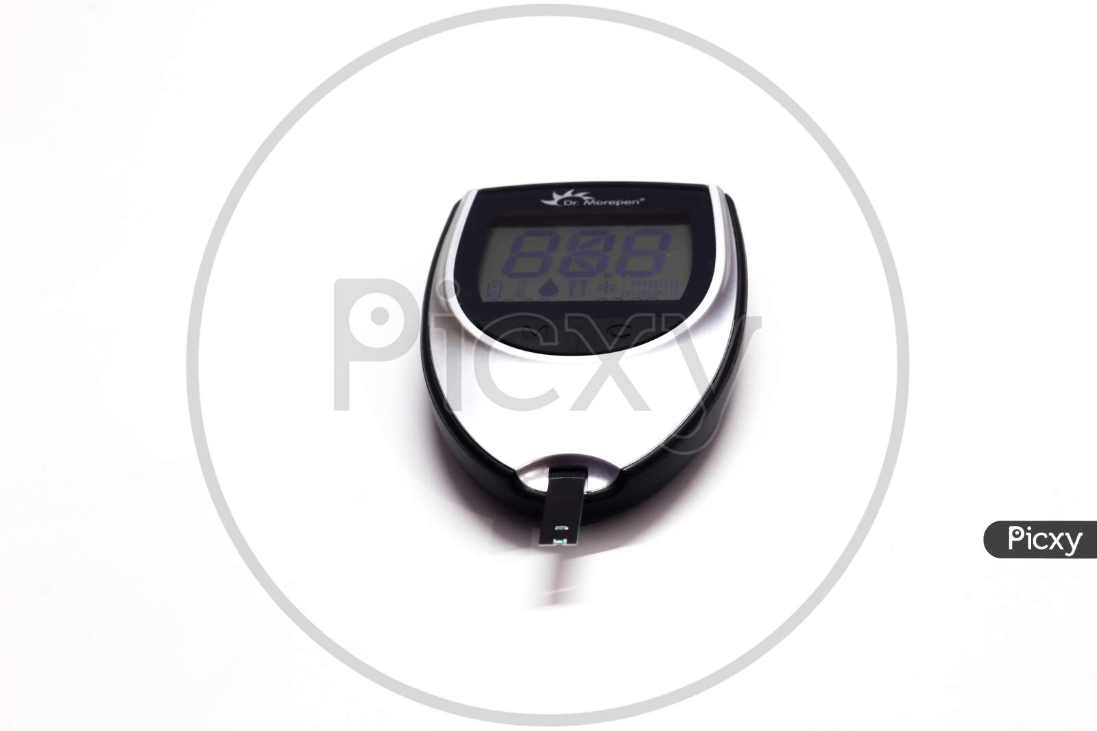 Diabetes Check Machine With Digital Screen, Device For Measuring Blood Sugar, Medical Device For Blood Glucose Levels Test. Isolated On White Background With Space For Text