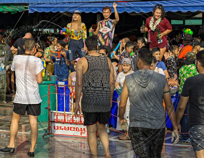Pattaya,Thailand - April 15,2018: Beach Road People Celebrated Songkran On The Street,Wich Was Partly Closed For Traffic.Songkran Is The New Years Eve Of The Country.