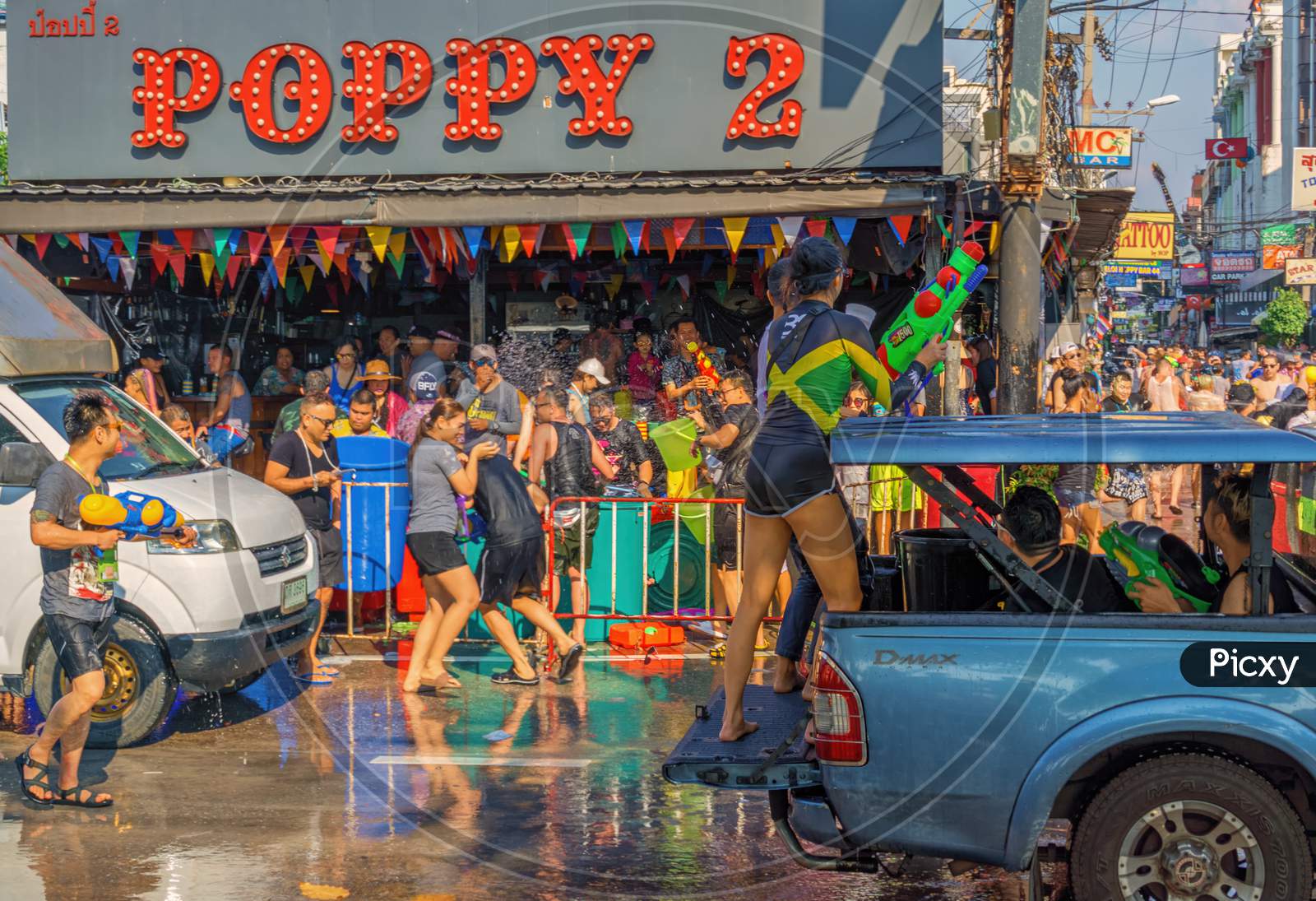 Pattaya,Thailand - April 18,2018: Beach Road People Celebrated Songkran On The Street,Wich Was Partly Closed For Traffic.Songkran Is The New Years Eve Of The Country.